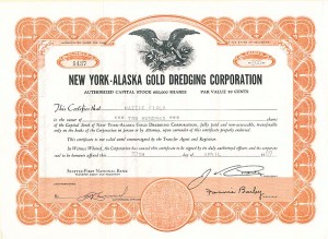 New York-Alaska Gold Dredging Corporation - Mining Stock Certificate